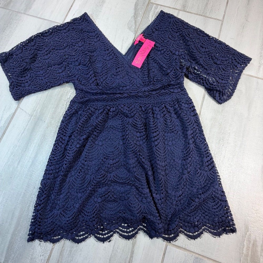 Lilly Pulitzer Parigi Skort Romper Navy Scalloped Shell Lace V-Neck Large 015194